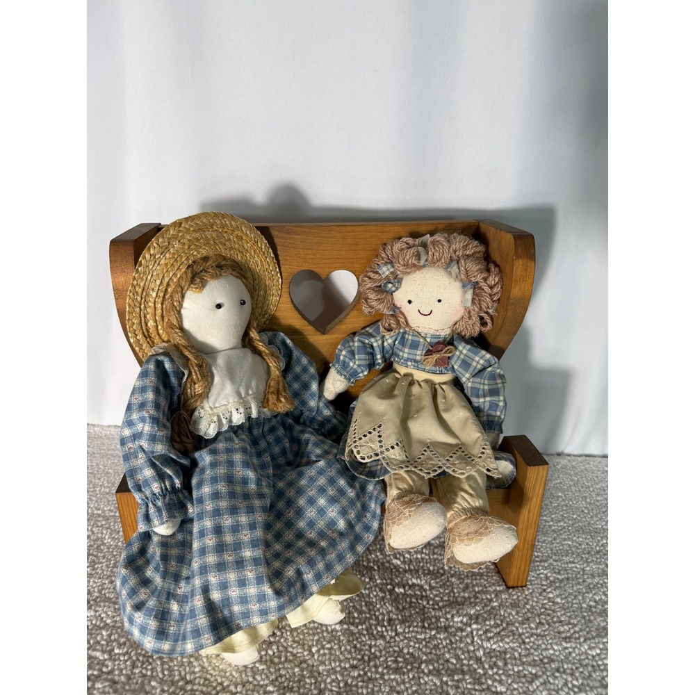 Vintage Rag Doll Set with Wooden Heart Bench Blue Plaid‎ Farmhouse Decor 3pc